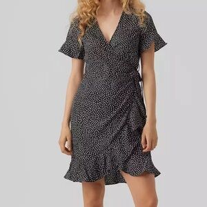 Vero Moda  | “Henna” Wrap Dress  Women’s Medium Black With White Polka Dots